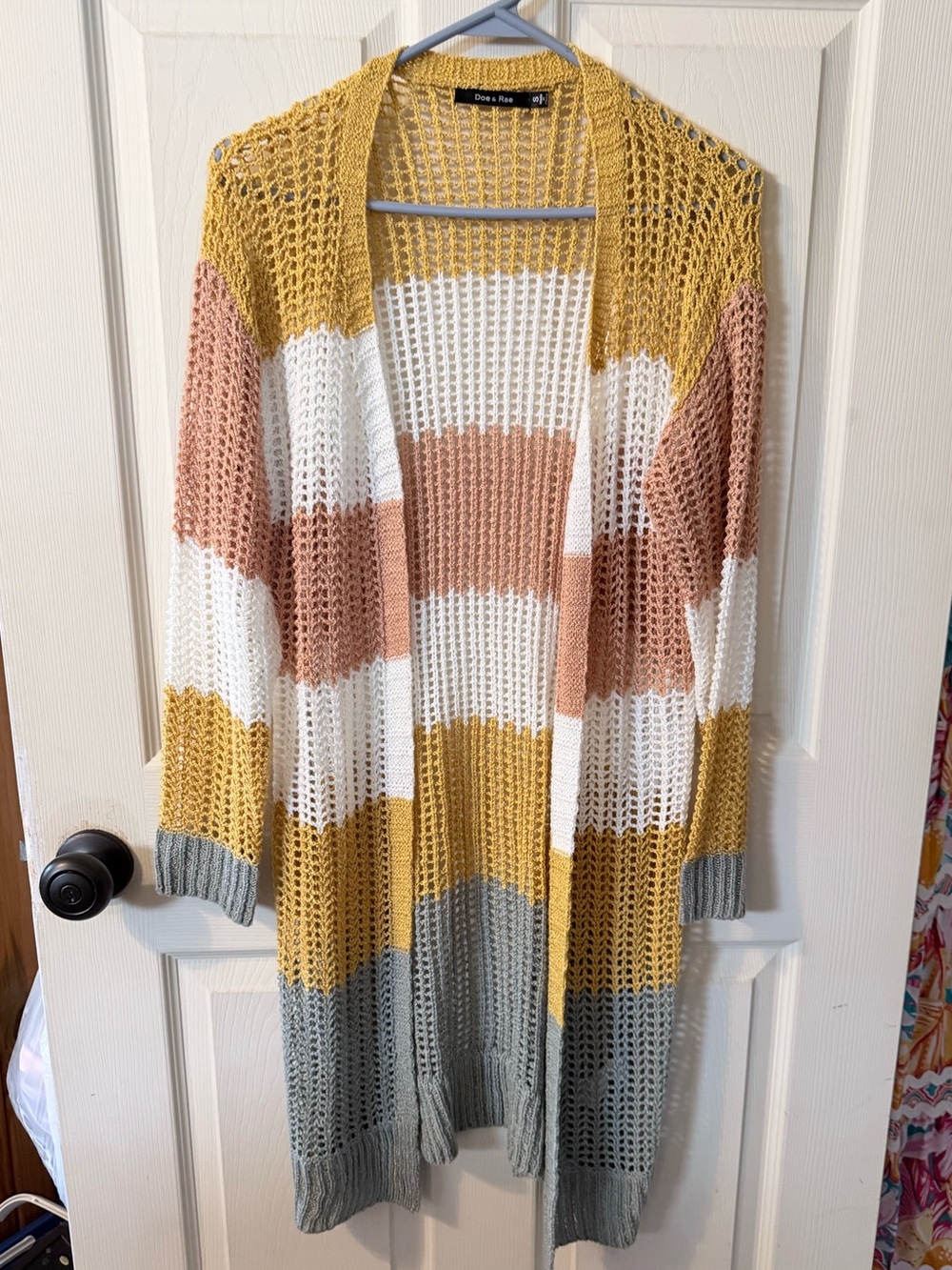 Doe & Rae Open-Knit Striped Long Cardigan in Mustard, Blush, White & Gray